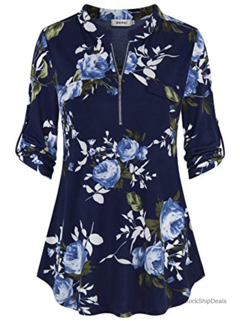 Women's Floral 3/4 Sleeve Zip Up V Neck Work Office Blouse Tunic Top